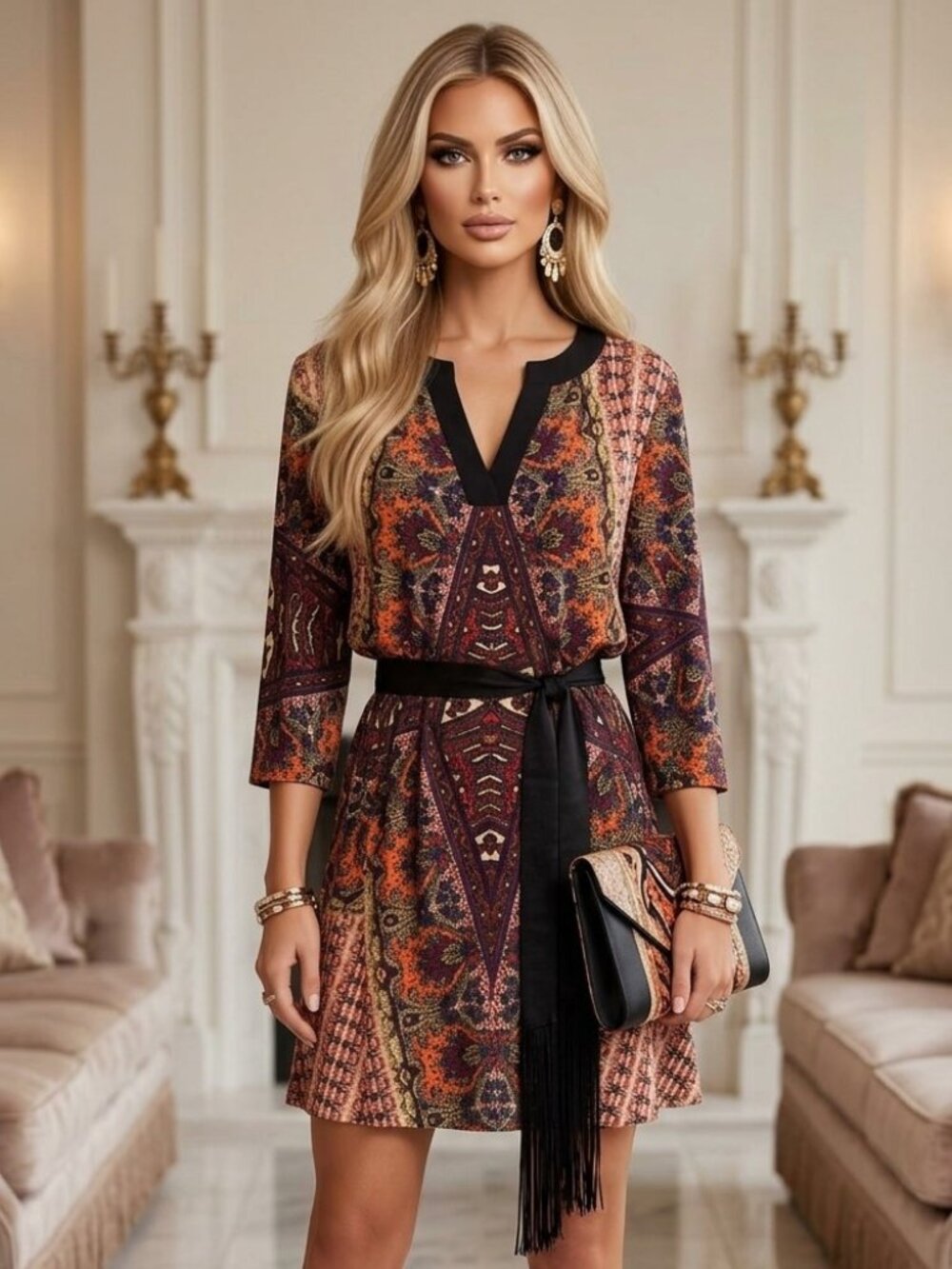 Soho Apparel Limited Boho Print V-Neck 3/4 Sleeve A-Line Dress Vibrant